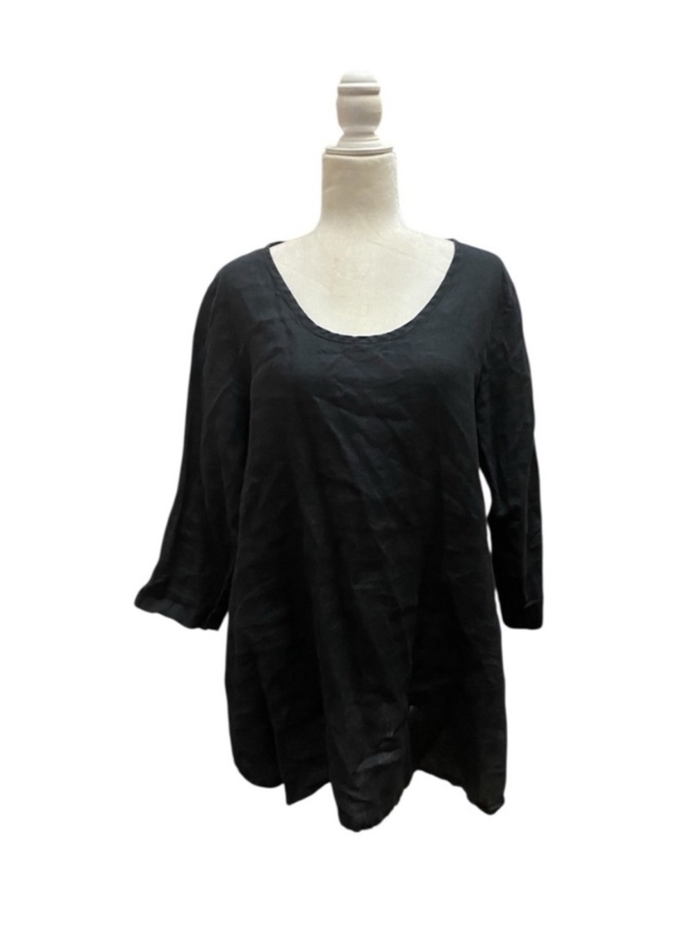 Flax Womens Black Scoop Neck Linen Tunic Small 3/4 Sleeve Lagenlook